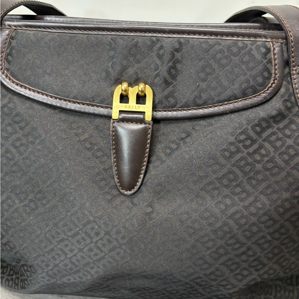 BALLY Vintage Monogram Canvas Tote Bag Quiet Luxury Minimalist Gold Clasp - Picture 4 of 17